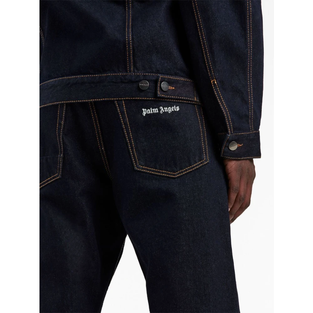 Palm Angels Navy Blue Logo Raw Wash Loose Blue Heren