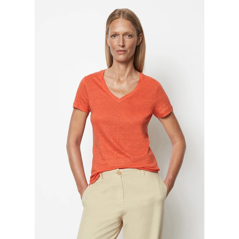 Marc O'Polo Linnen V-hals T-shirt normaal Orange Dames