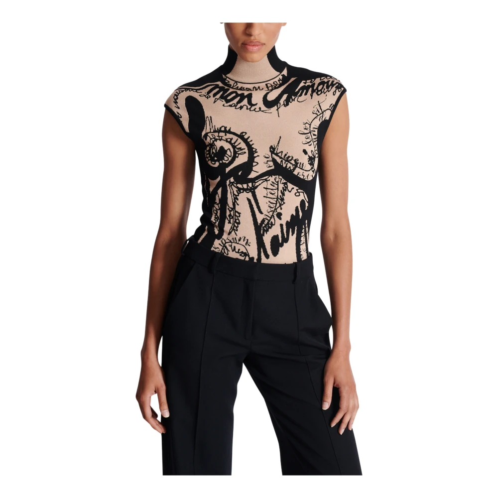 Balmain Jacquard gebreide bodysuit met torso motief Beige Dames