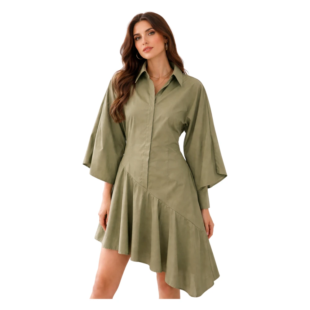 Weili Zheng Shirt Dresses, Female, M, Midi Shirt Dress In Asymmetric Poplin With Ruffle Hem Green