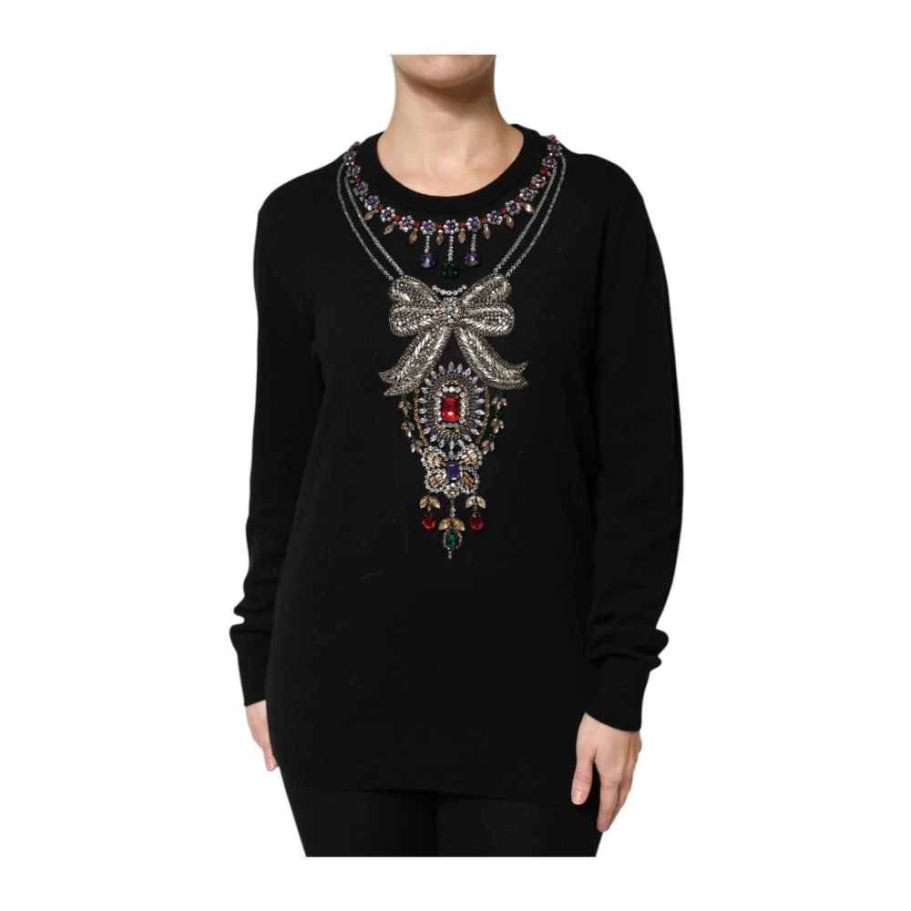 Dolce & Gabbana Women's Black Crystal Embellished Crew Neck Jumper - Round-Neck Knitwear - L - Knitwear