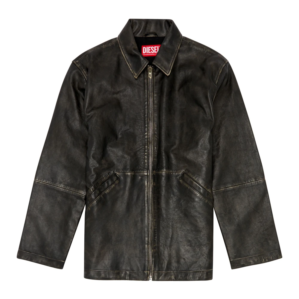 Diesel Treated leather jacket with raw edges Black Heren