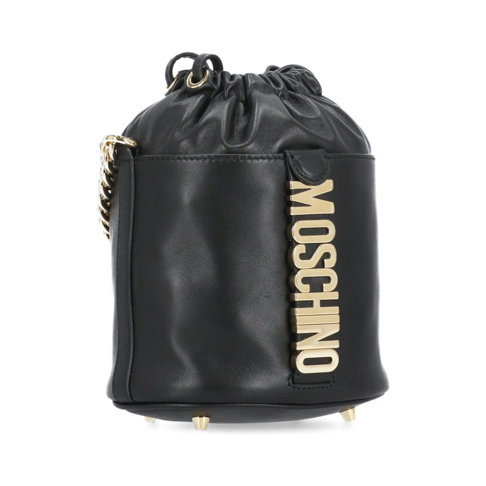 Moschino Zwarte Leren Bucket Tas met Metallic Logo Black Dames