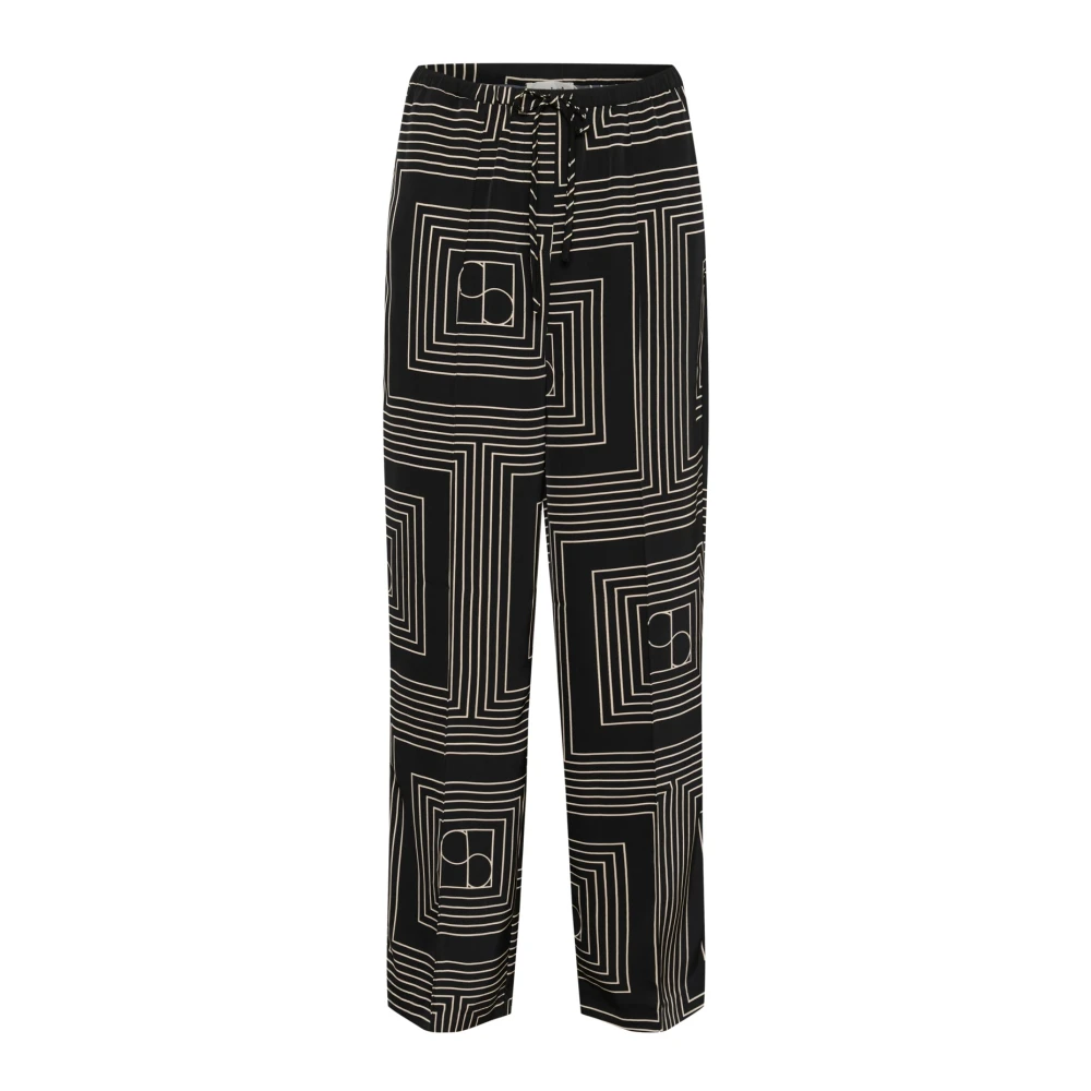 Soaked In Luxury Women's Black Monogram Trousers With Elastic Waist - Wide Trousers - Xl - Trousers