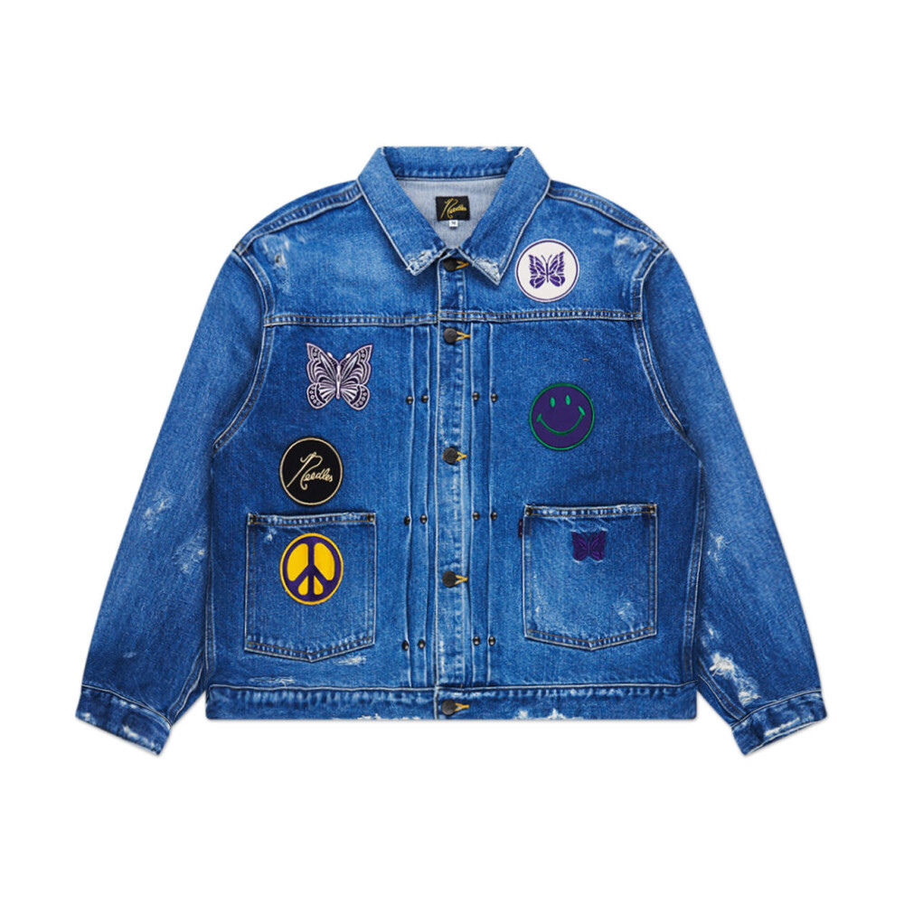 Men patched hotsell denim jacket