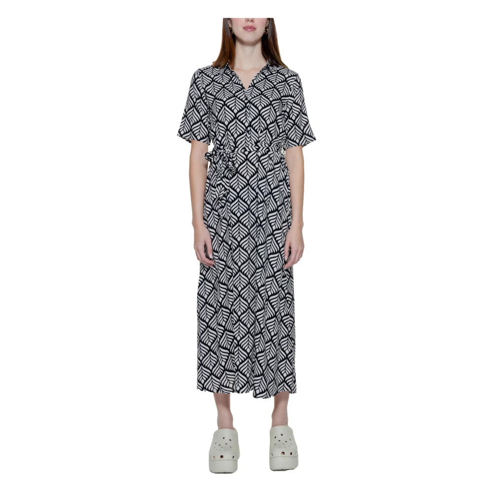 Jacqueline de Yong Beige Bedrukte Lange Mouw Jurk Black Dames