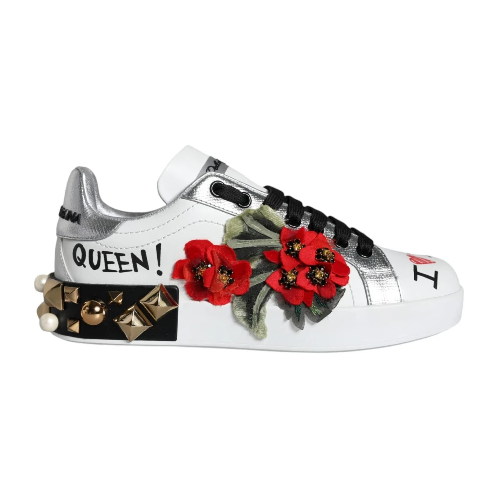 Dolce & Gabbana Women's White Sneakers,, Floral Leather Low Top Trainers Size 2 Uk