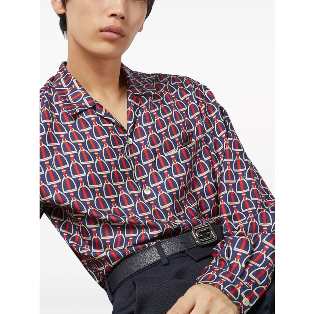 Gucci Blauwe Zijden Twill Overhemd met Ivoor en Rode Print Multicolor Heren