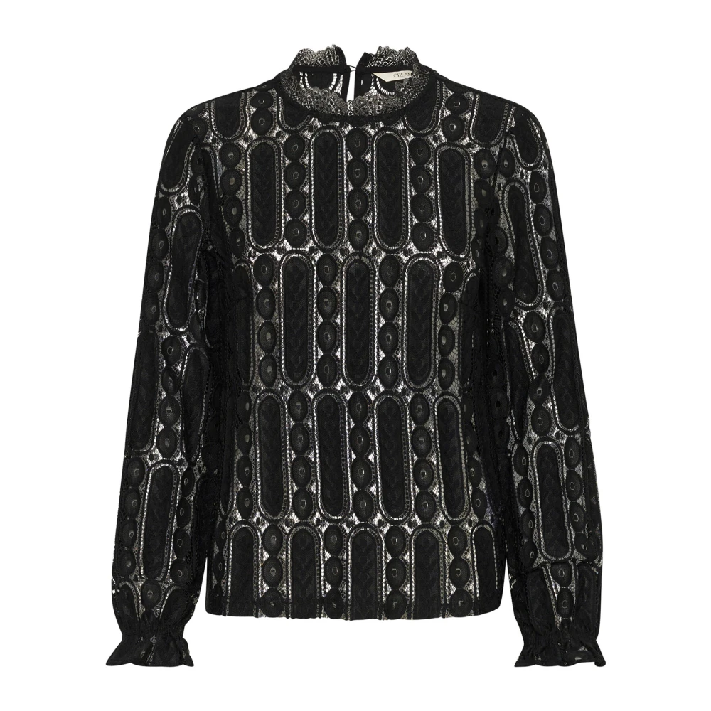 Cream Kanten blouse met pofmouwen Black Dames