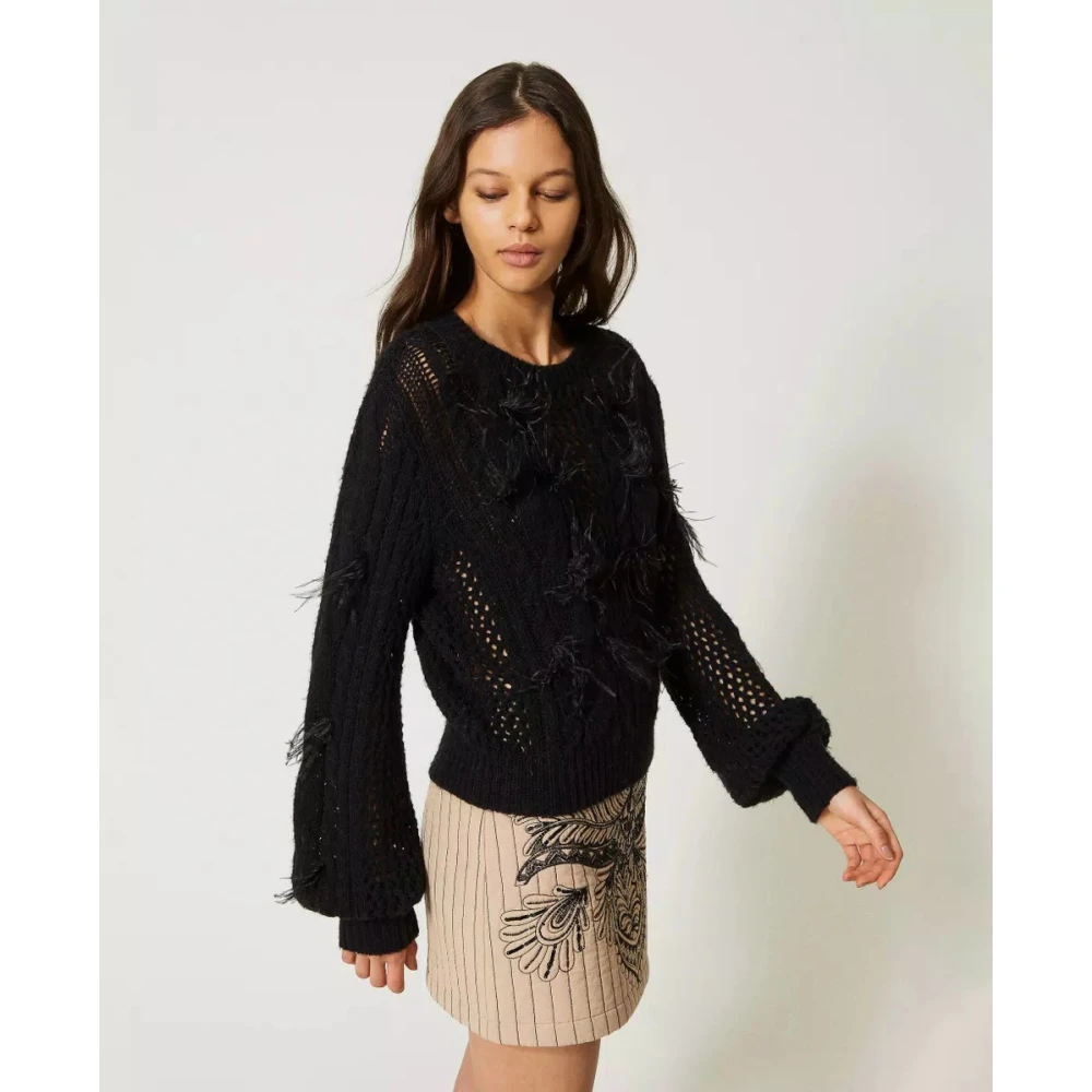 Twinset Wollen en Alpaca Trui met Veren Black Dames
