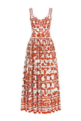 Majolica-print Lång Klänning i Poplin