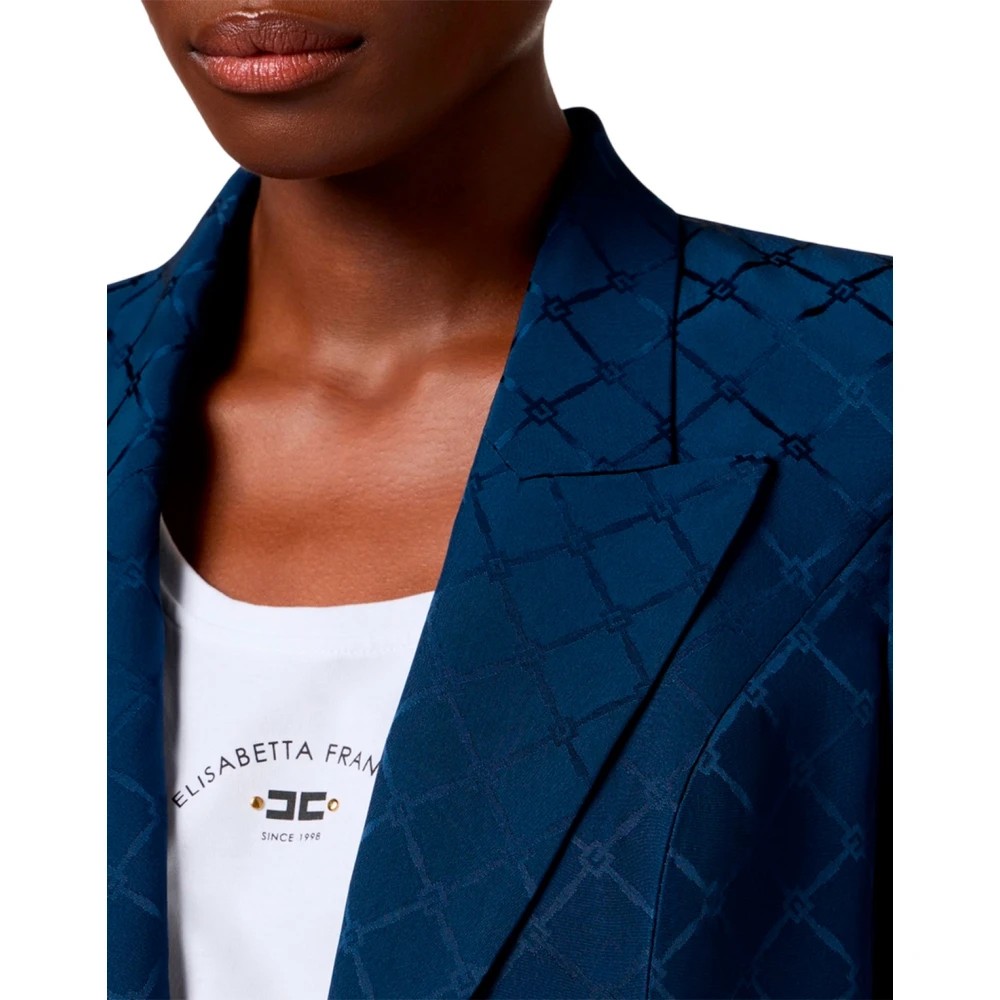 Elisabetta Franchi Satin Jacquard Blazer met Gestructureerde Schouders Blue Dames
