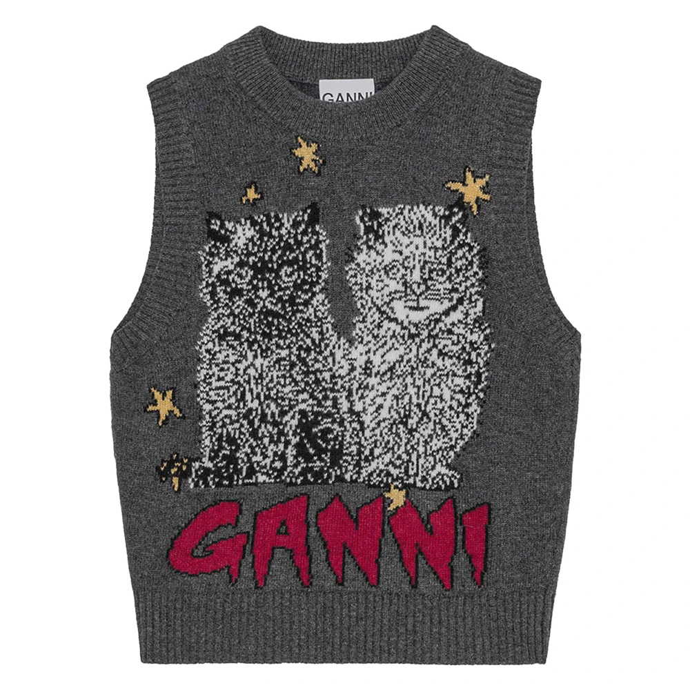 Ganni Grafische Katten Wollen Vest Gray Dames