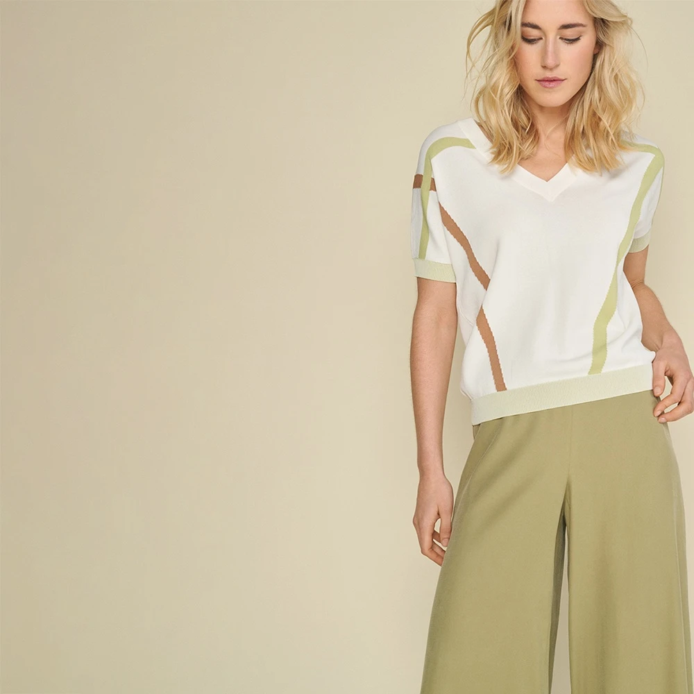 Marie Méro Witte V-hals trui met groene strepen White Dames