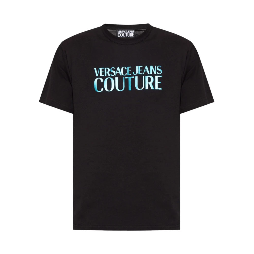 Versace Jeans Couture Logotyp T-shirt i svart med blått varumärkestryck Black, Herr