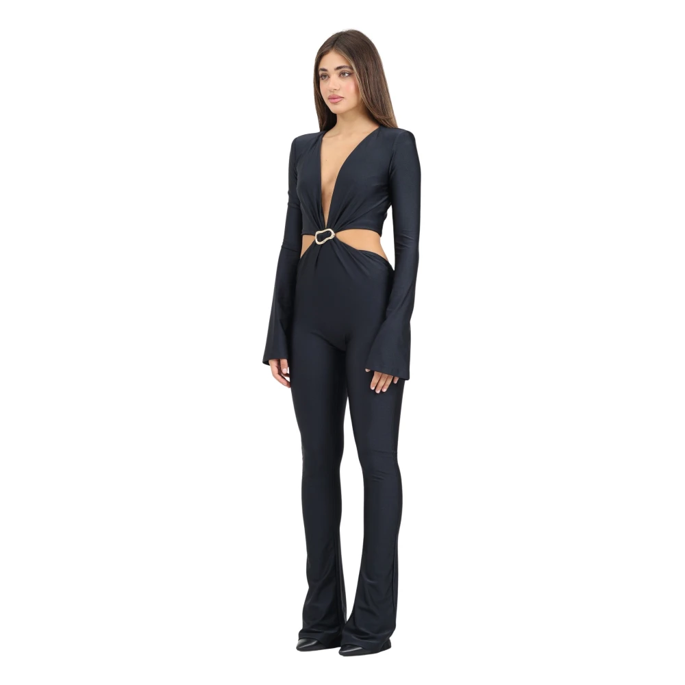 Amen Zwarte Elegante Aansluitende Jumpsuit met Juweeldetail Black Dames