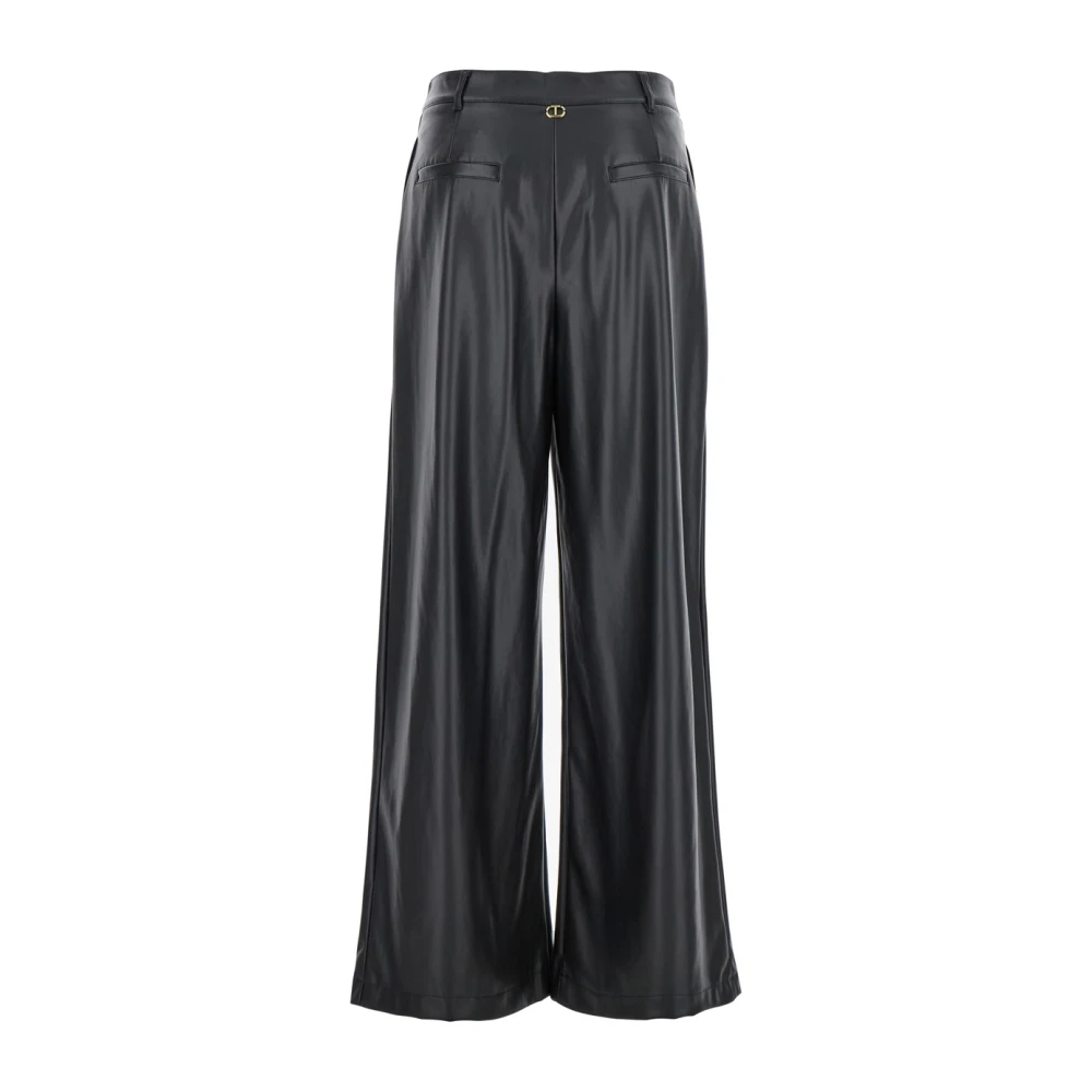 Twinset Eco-Leren Wijde Broek met Logo Plaque Black Dames