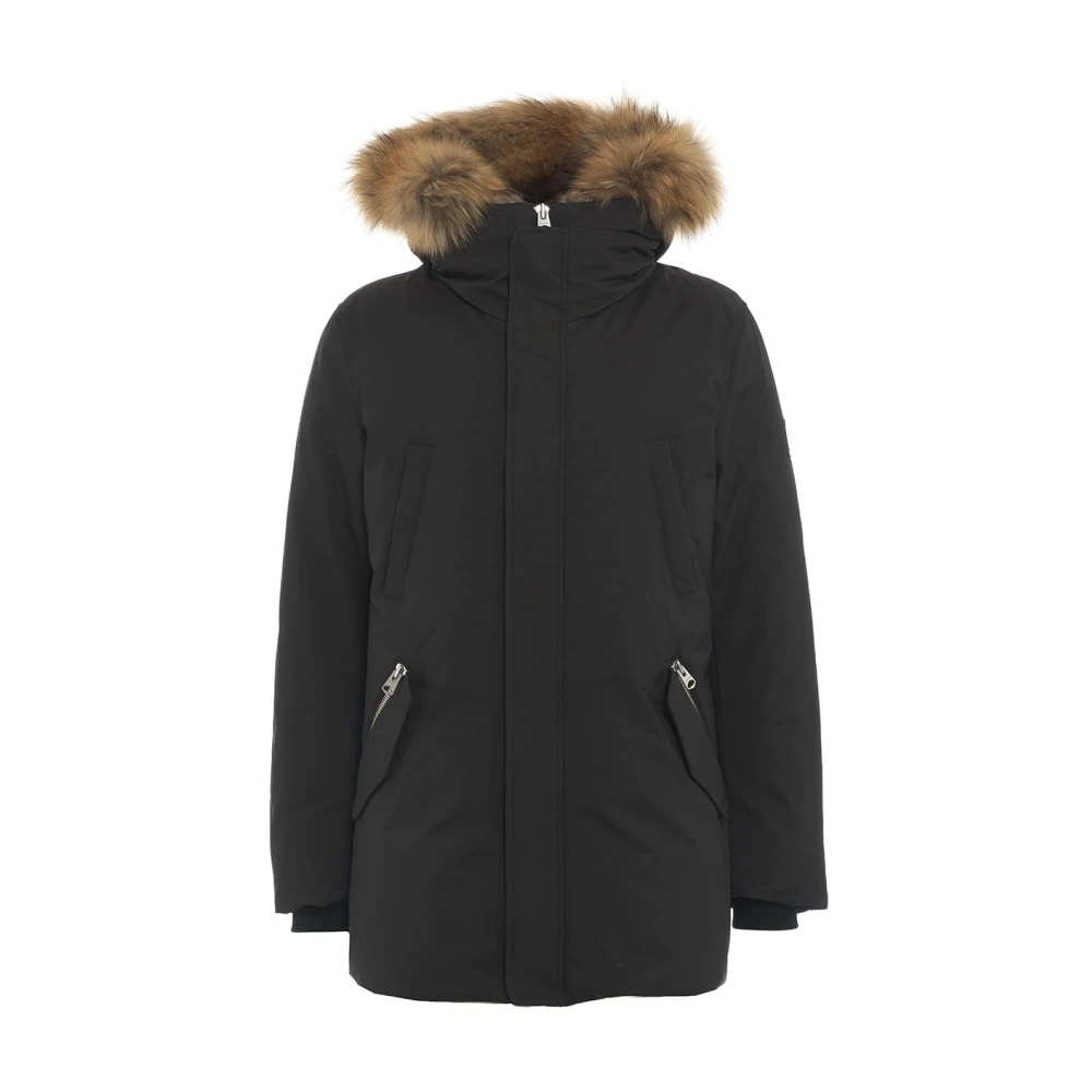 Mackage Zwarte donsparka met afneembare capuchon en wasbeer bontkraag Black Heren