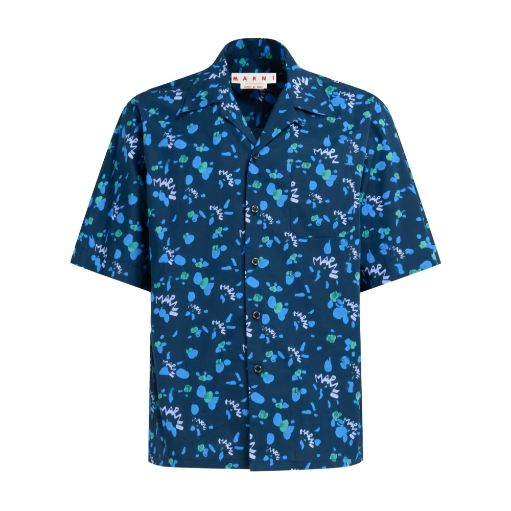 Marni Kortemouw Bowling Shirt met Dripping Print Blue Heren