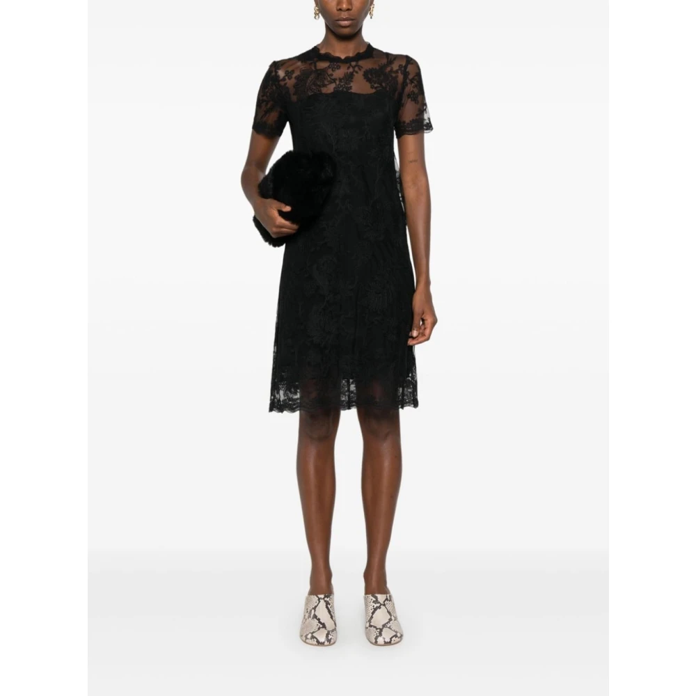 Ermanno Scervino Zwarte Bloemenkanten Jurk Black Dames
