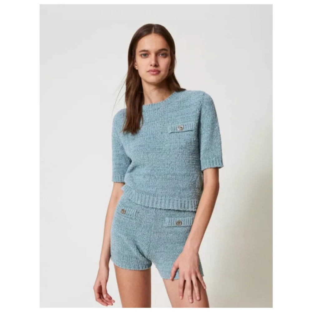 Twinset Katoenen Gebreide Shorts met Geribbelde Afwerking Blue Dames