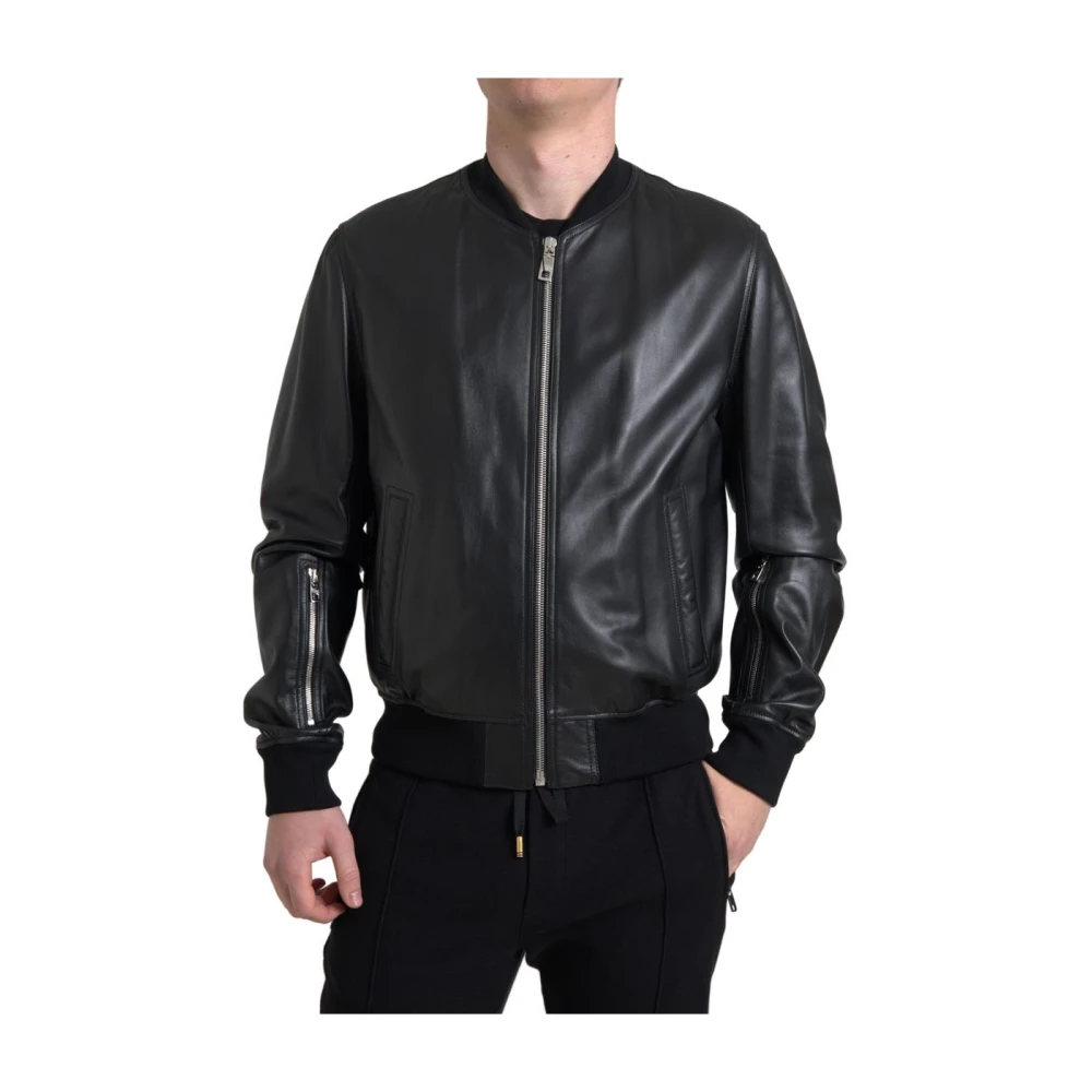 Dolce & Gabbana Elegante zwarte leren bomberjack Black Heren