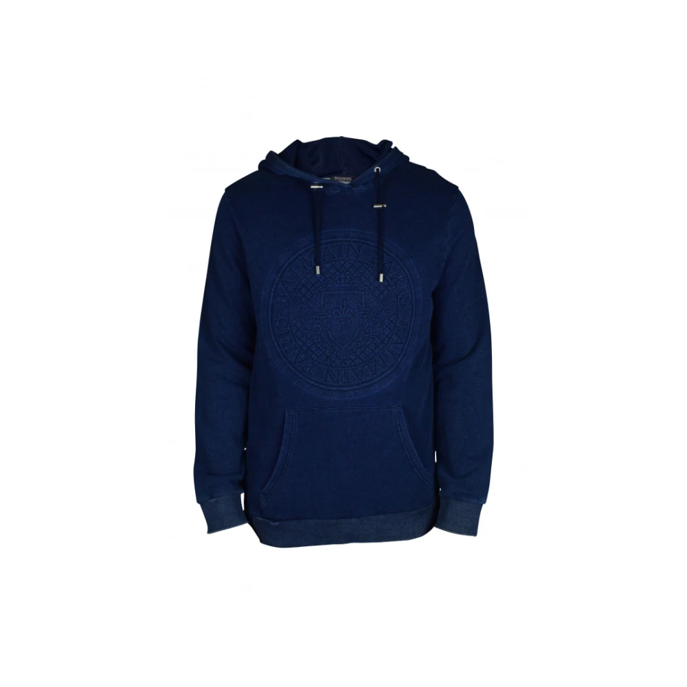 Balmain Navy Blauwe Denim Effect Sweatshirt met Ingelegd Logo Blue Heren