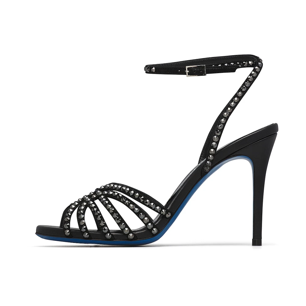 Loriblu Mujer Negro - Sandalias De Ante Adornadas Con Cristales- Shoes - 38 Eu- Sandalias De Ante Adornadas Con Cristales