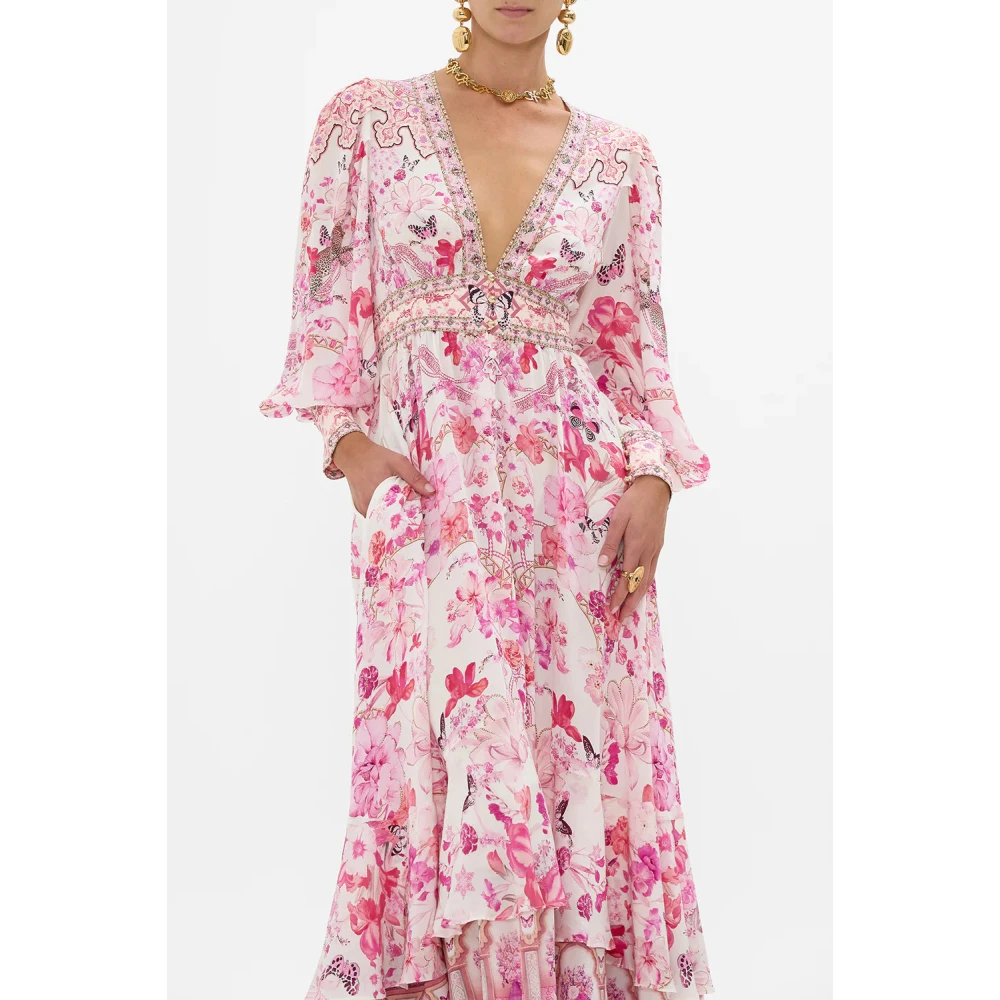 Camilla Botanische Novelle Zijden Maxi Jurk Pink Dames