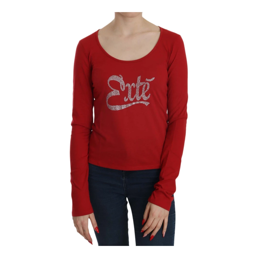 Exte Red Long Sleeve T-Shirts, Female, Xl, Crystal Embellished Elegant Blouse