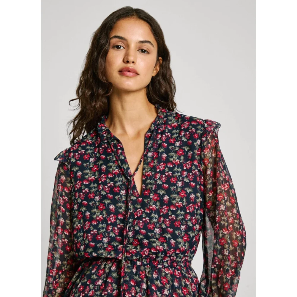 Pepe Jeans Bloemen Chiffon Mini Jurk met Ruches Multicolor Dames