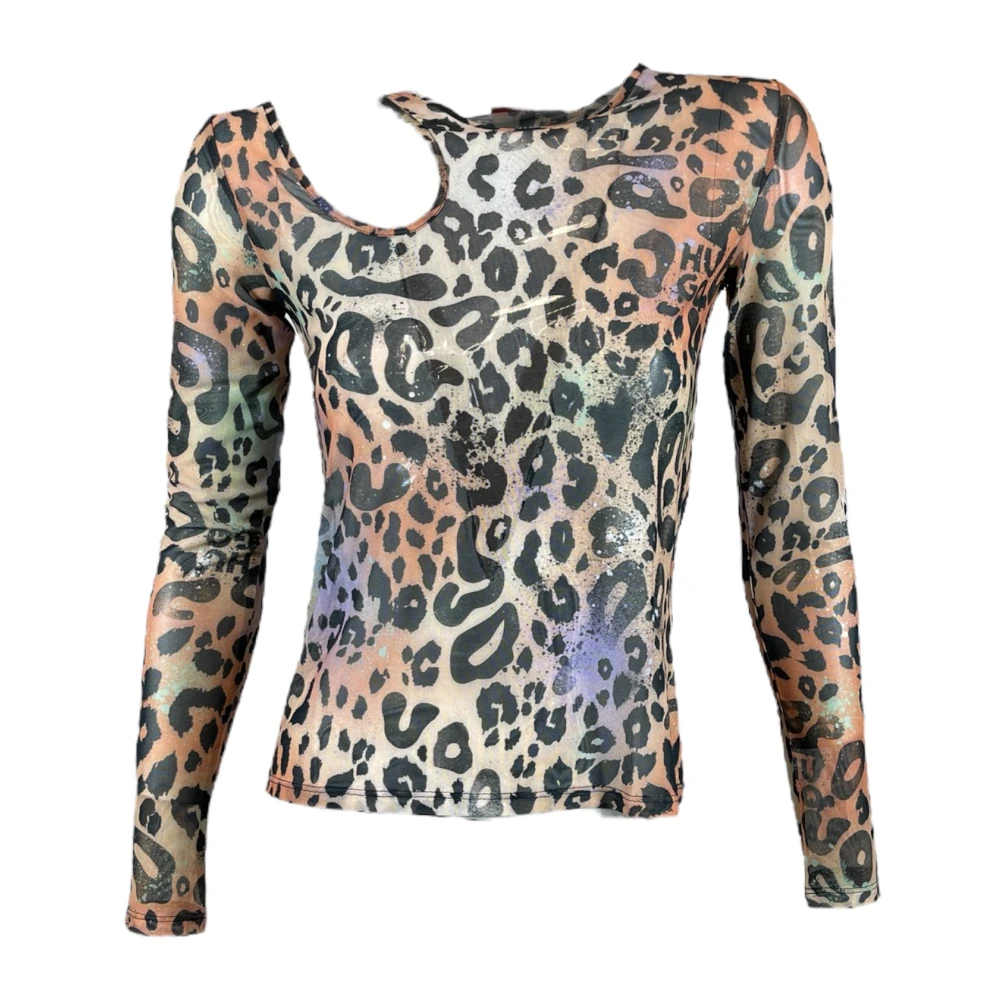 Hugo Boss Luipaardprint Mesh Blouse met Cut-Out Multicolor Dames