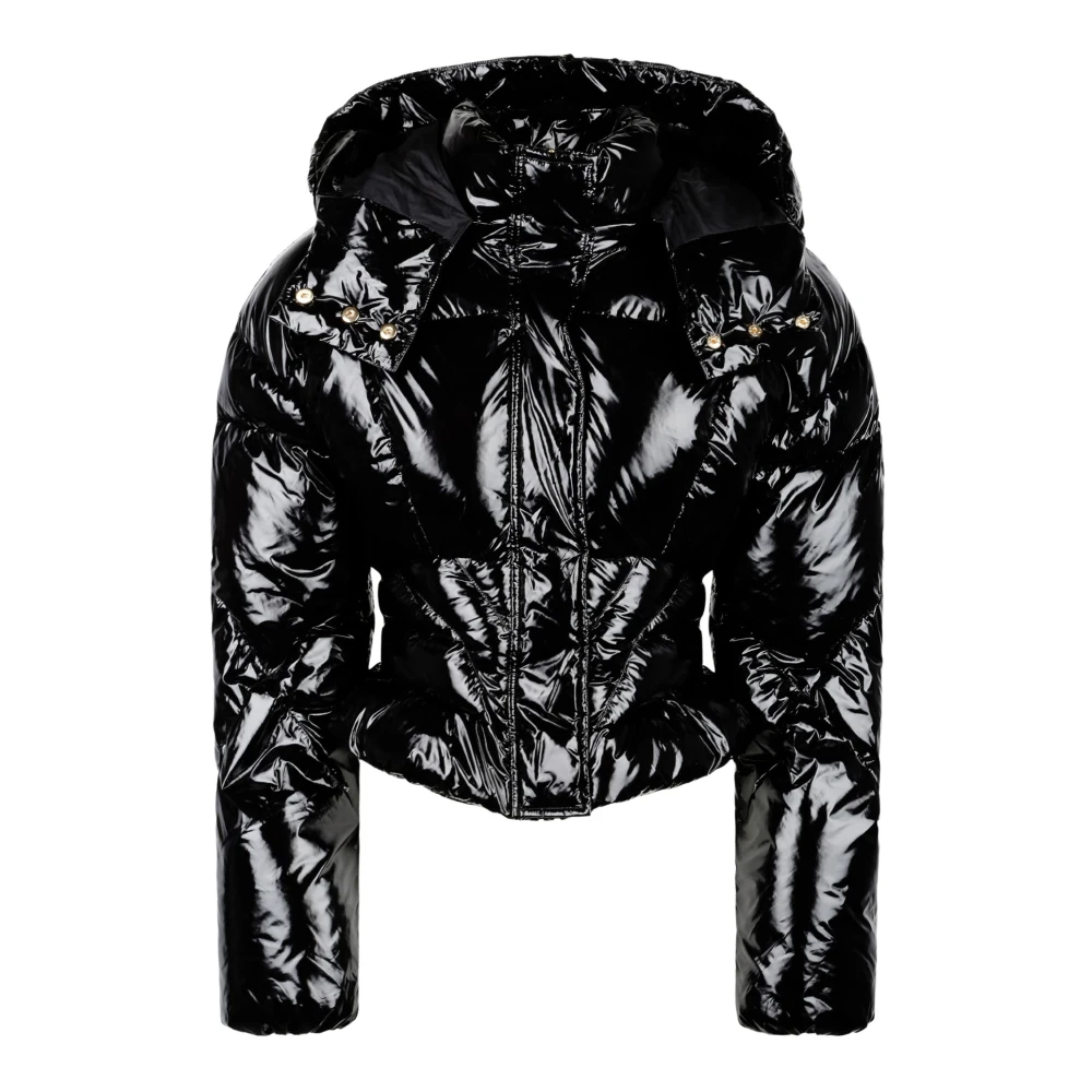 Pinko Zwarte Glanzende Gewatteerde Jas met Capuchon Black Dames