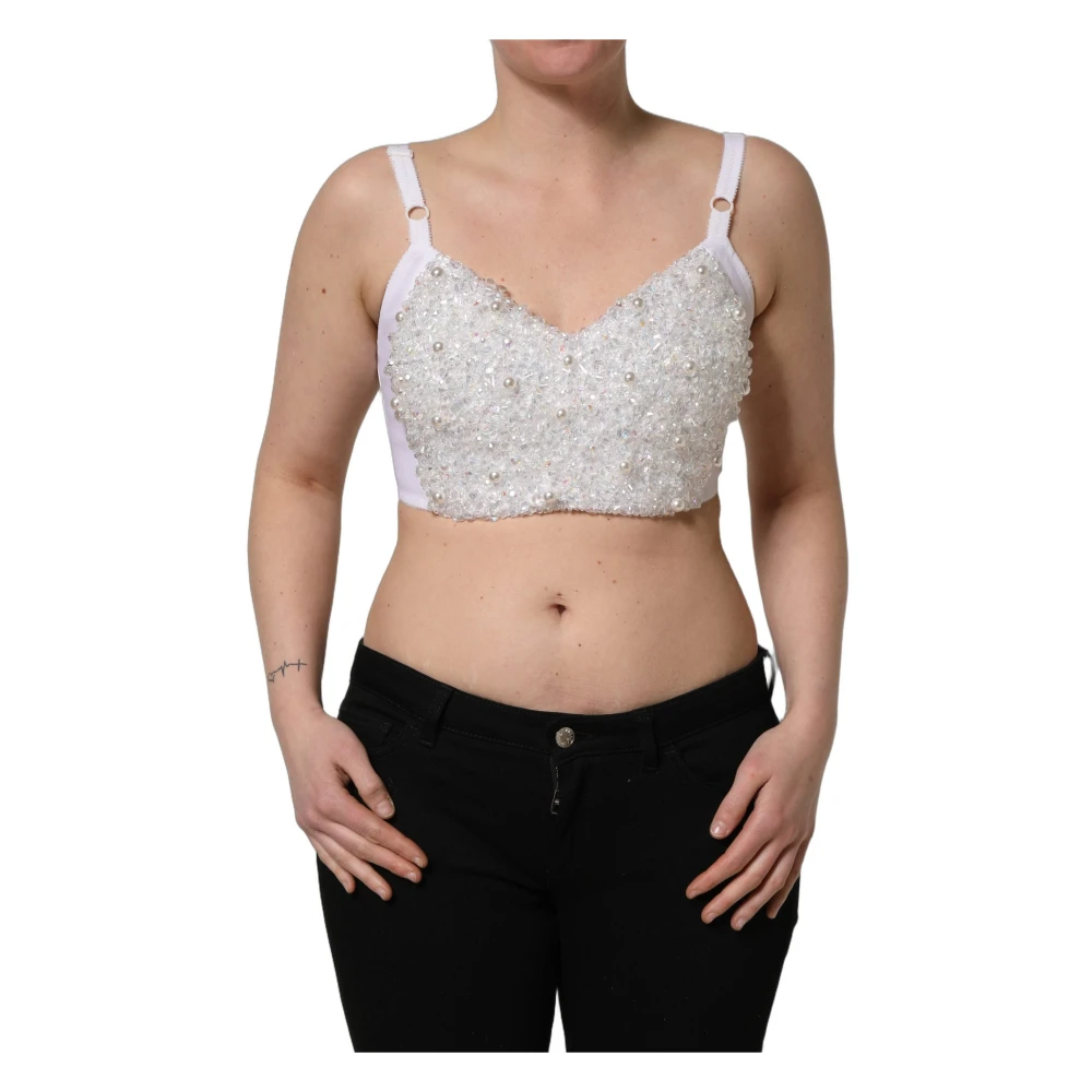Dolce & Gabbana Women's White Pearls Beaded Corset Bustier Crop Top - Sleeveless Tops - Xl - Tops