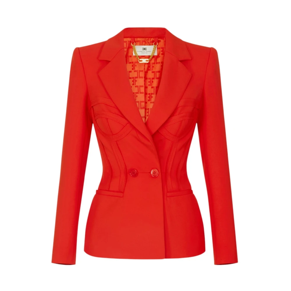Elisabetta Franchi Red Blazers, Female, Xs, Jacket In Lightweight Crêpe Fabric With Raw-Edge Fabric