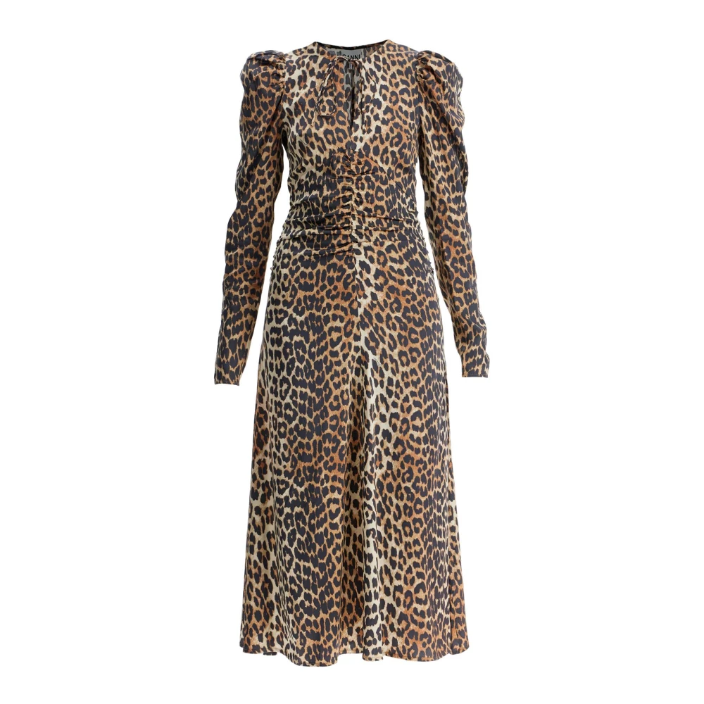 Ganni Midi Jurk met Dierenprint en Pofmouwen Brown Dames