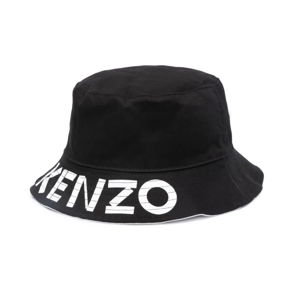 Kenzo Zwarte Hoed met Logo Print en Brede Rand Black Heren