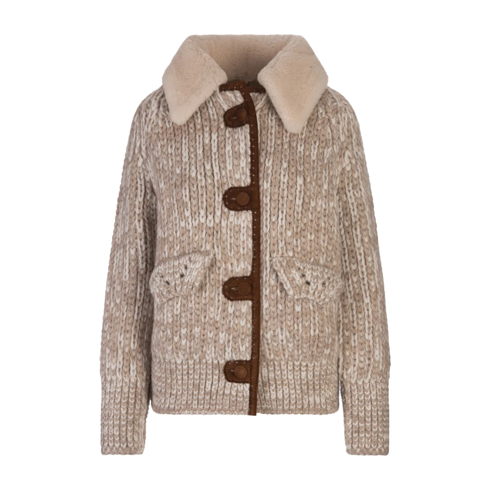 Ermanno Scervino Melange Beige Bomberjack met Leren Frogs Brown Dames