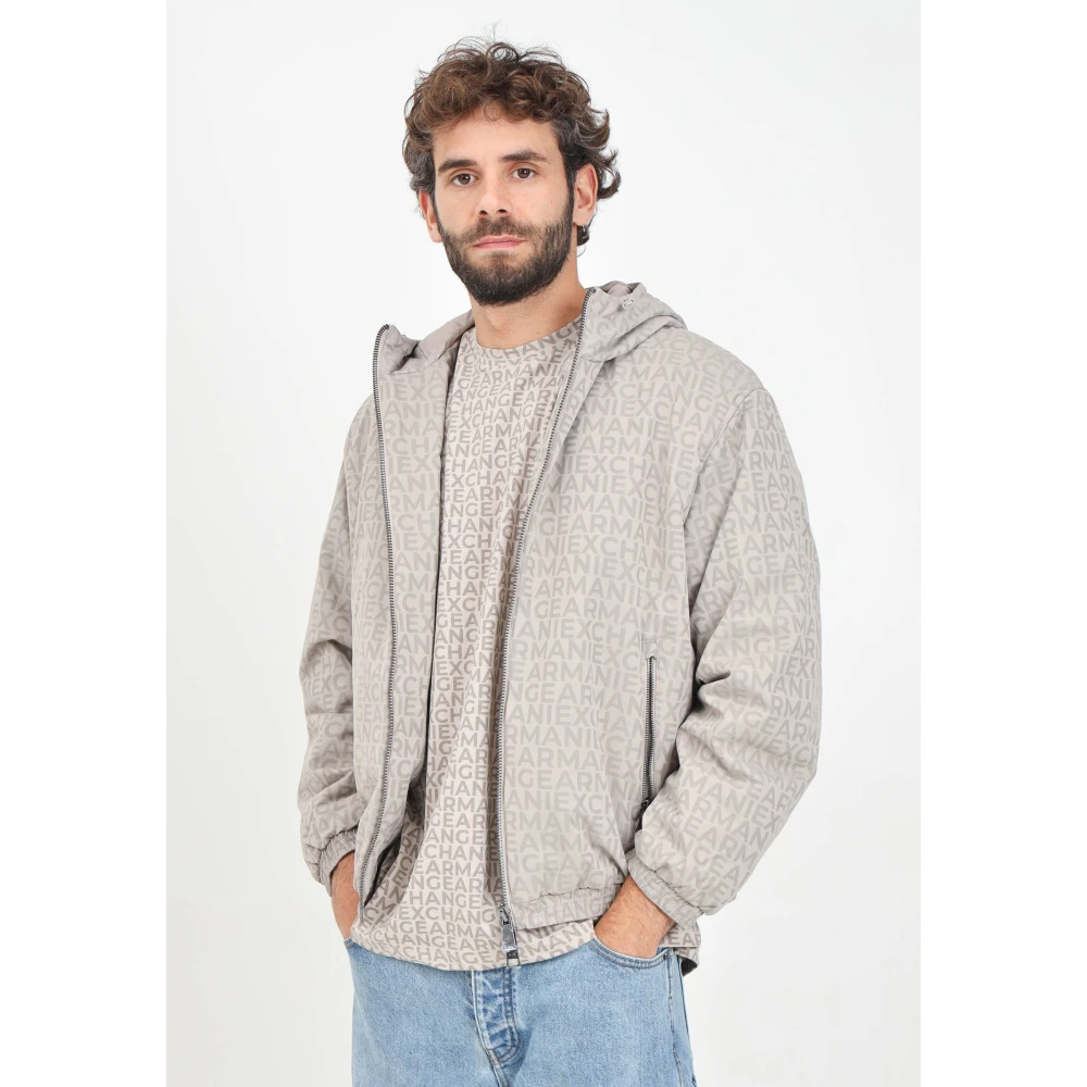 Armani Exchange Beige Puffer Jacket met All-Over Logo Print Gray Heren