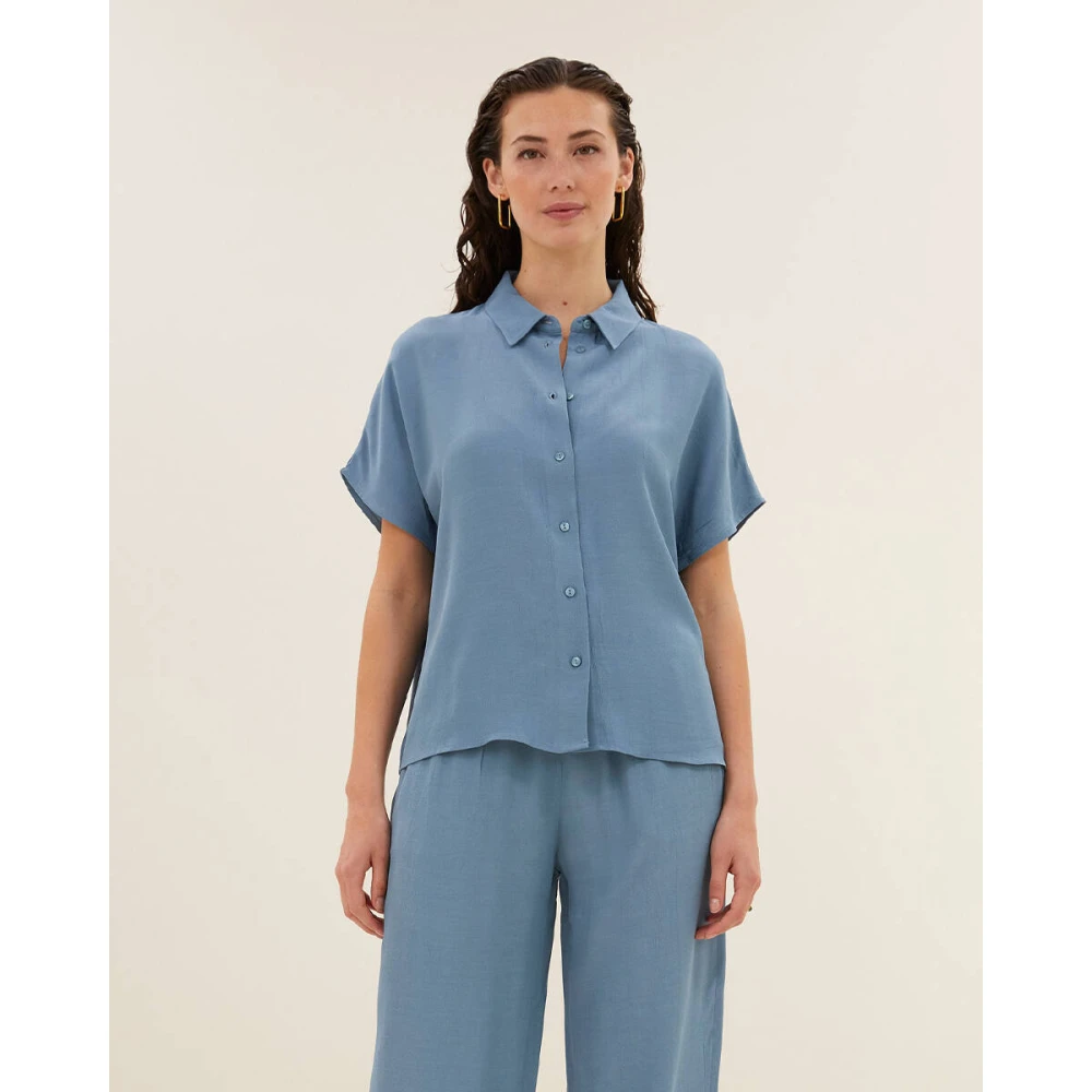 By-Bar Korte Mouw Viscose Blouse Karly Blue Dames