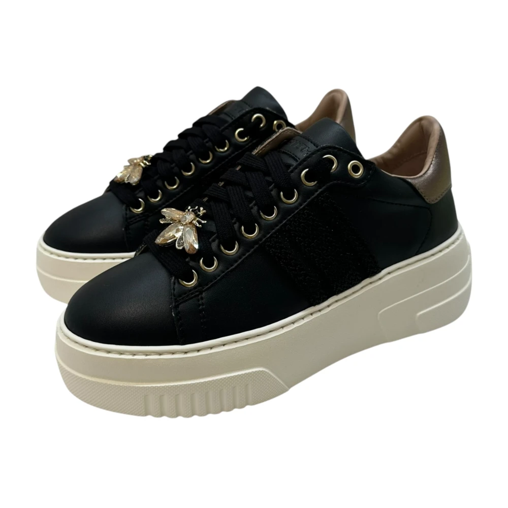 Stokton Zwarte leren sneaker met roségoud Black Dames