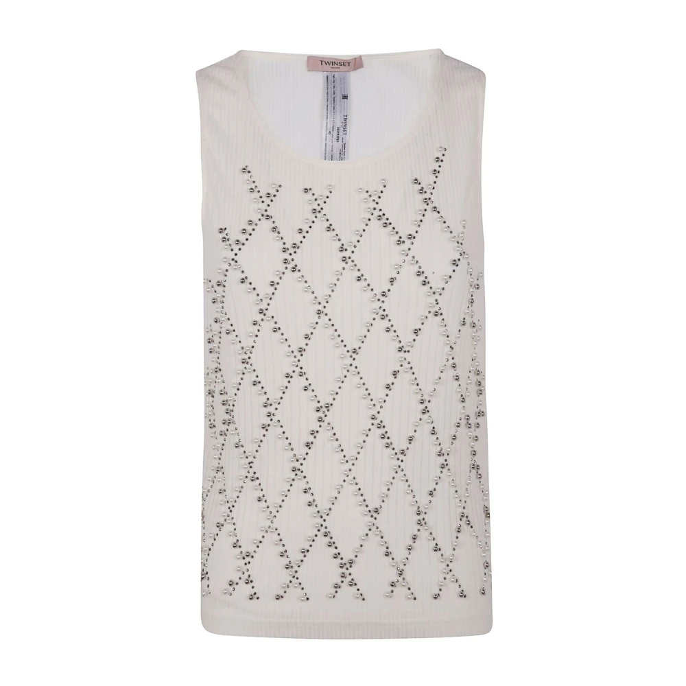 Twinset Witte Ribgebreide Top met Diamantpatroon White Dames