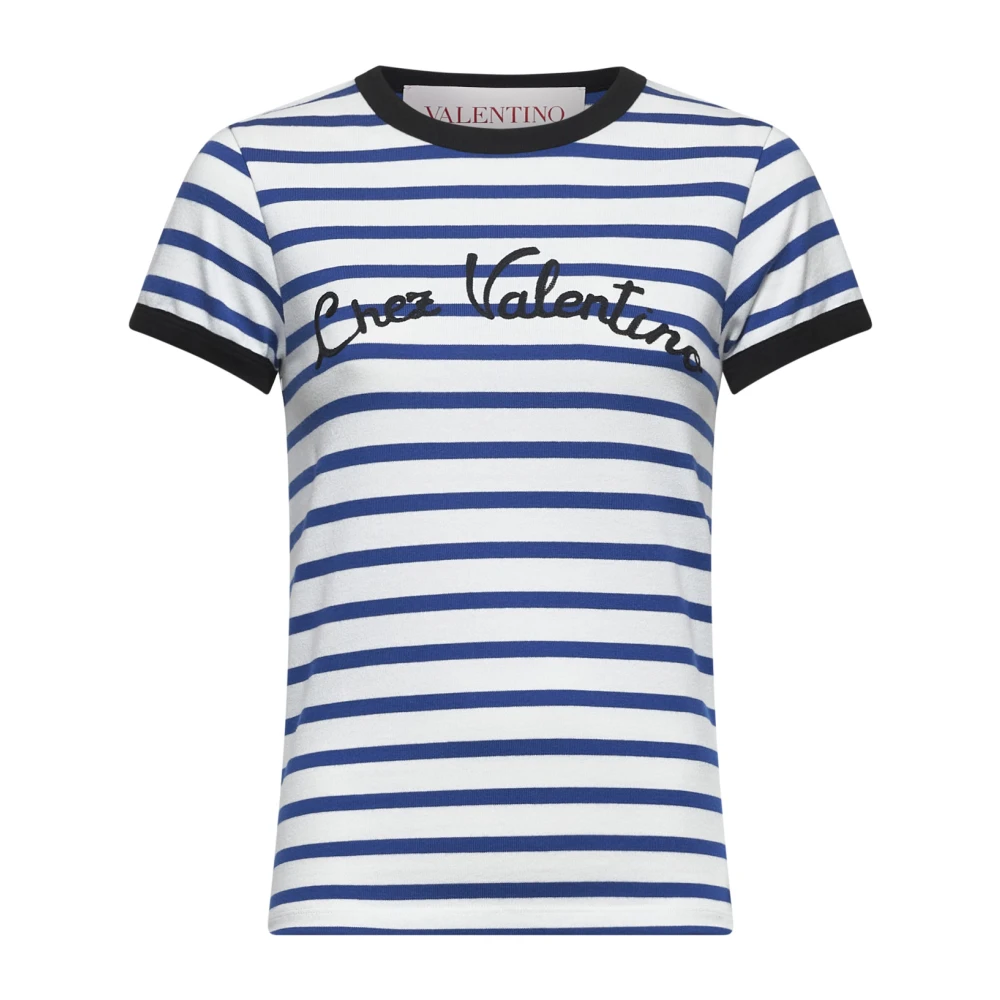 Valentino Randig Crewneck T-shirt Elfenben Bomull Blue, Dam