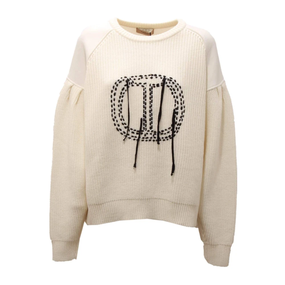 Twinset Women's White Embroidered Wool Blend Sweater