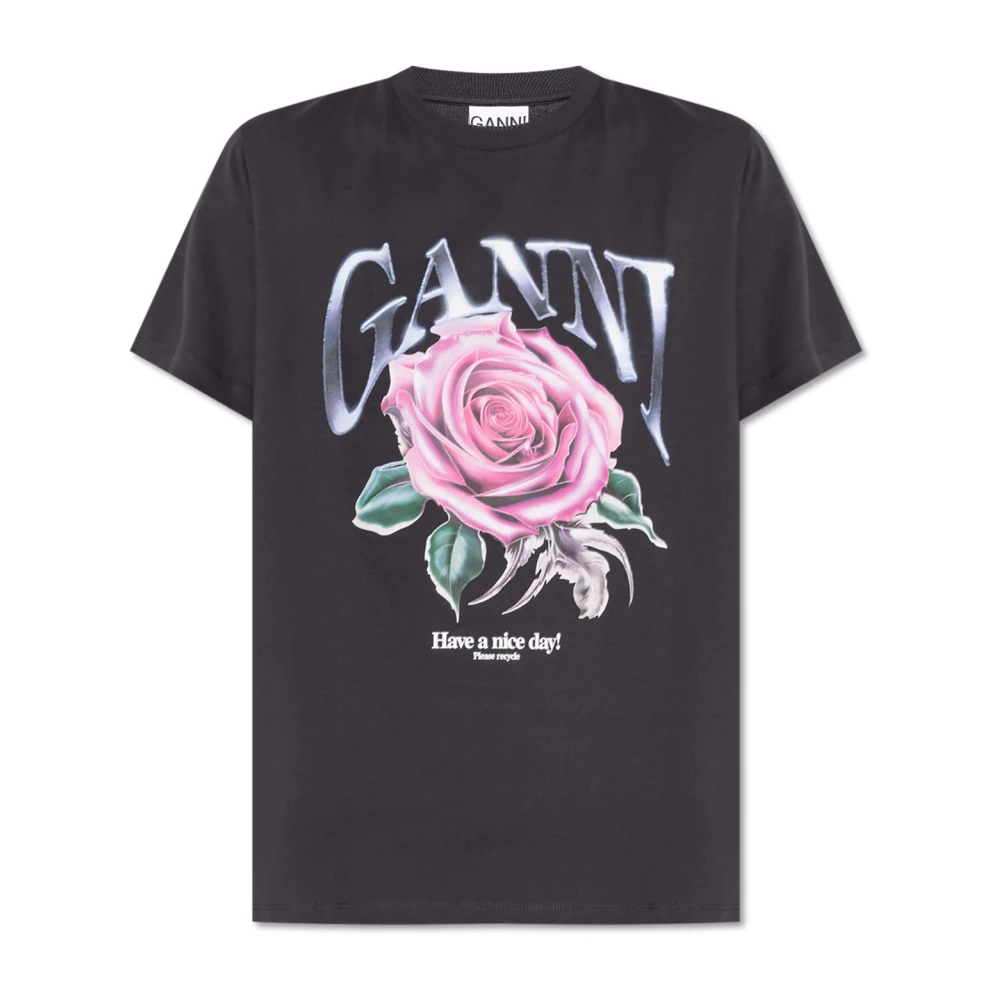 Ganni Grafische Print Katoenen T-shirt Zwart Black Dames