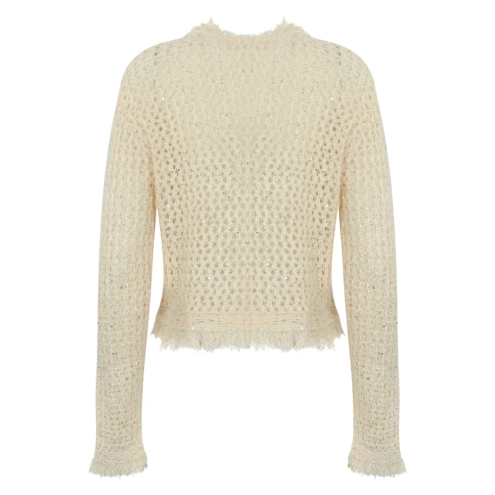 Twinset Jacquard Gebreid Jack met Rafelranden White Dames