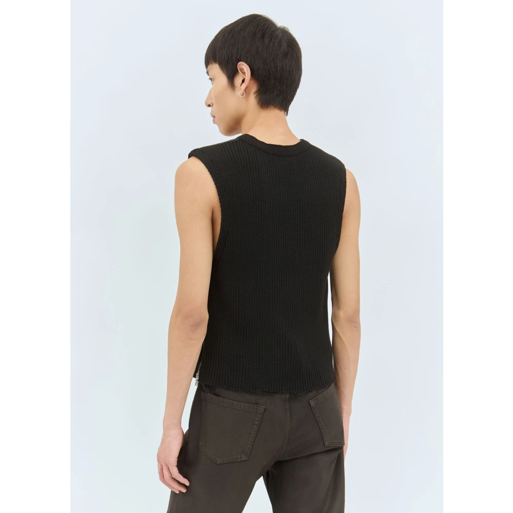 Dries Van Noten V-hals Leren Gebreid Vest Rits Black Heren