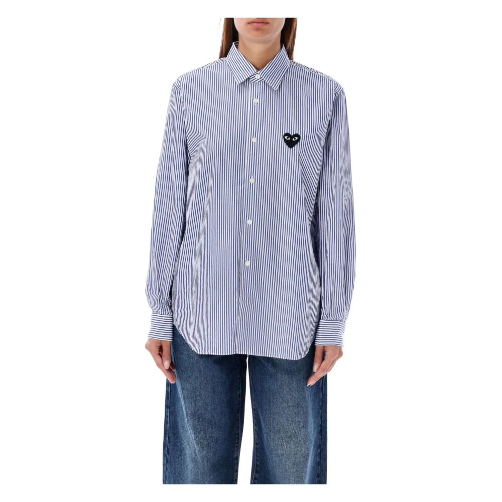 Comme des Garçons Gestreept Hart Patch Shirt Aw24 Blue Dames