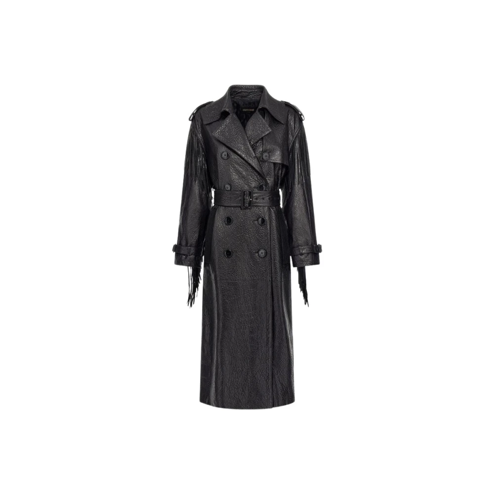 Roberto Cavalli Black Fringed Leather Trench Coat - Female - Trench Coats - S - Coats