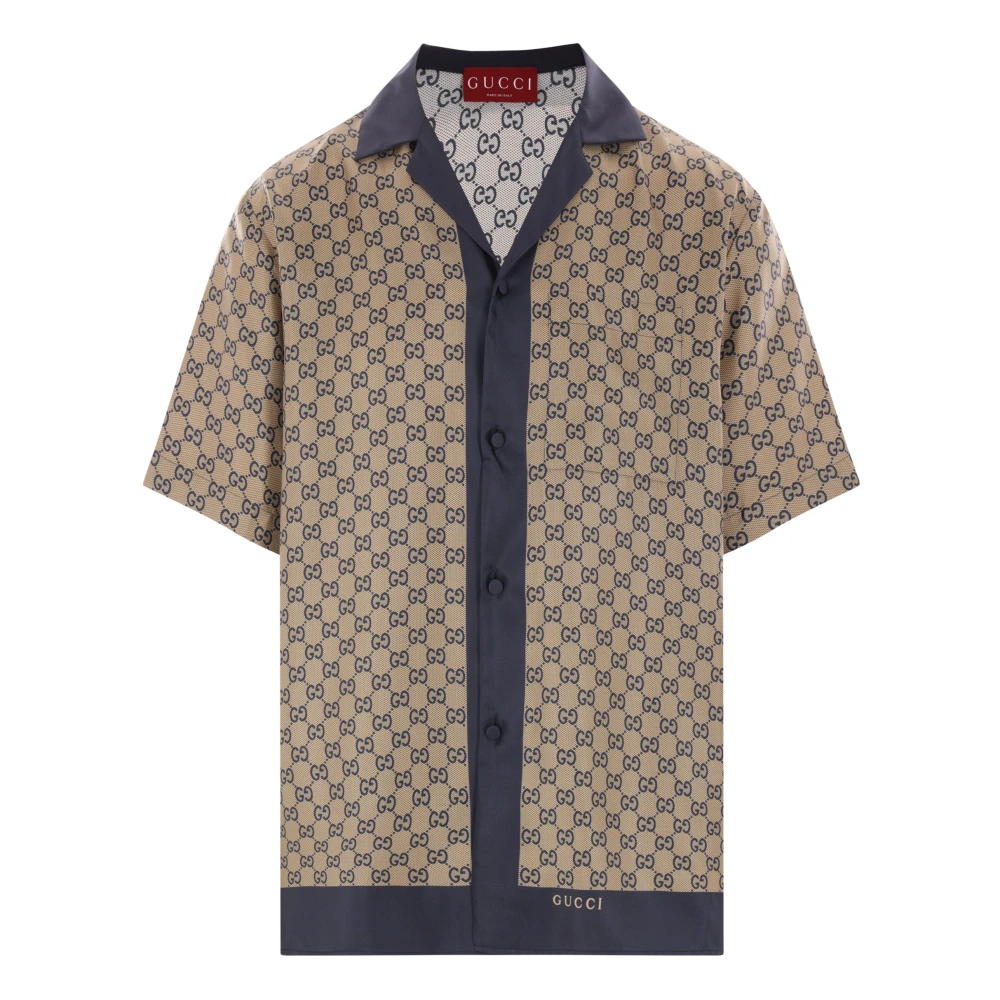 Gucci Bowling zijden twill overhemd met GG-print Beige Heren